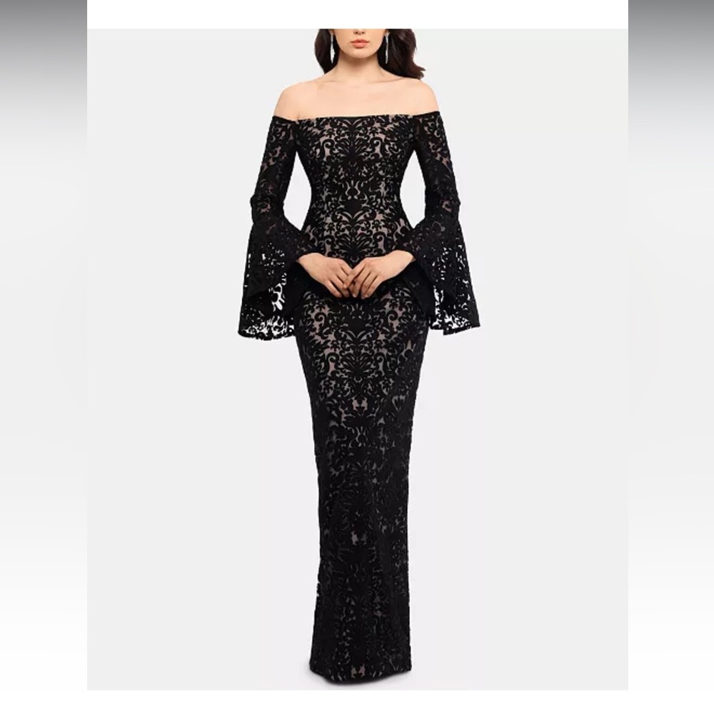 XSCAPE Black nude off shoulder lace gown 12